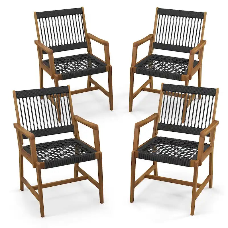 Chaises de salle à manger 4 pièces en bois d'acacia tressé en corde résistantes aux intempéries pour patio