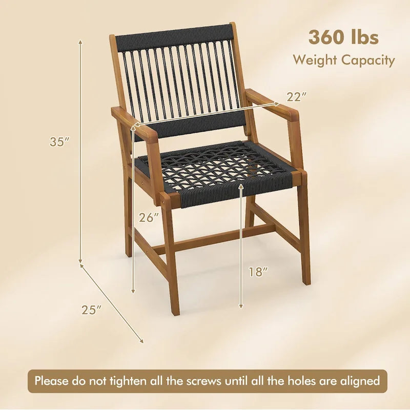 Chaises de salle à manger 4 pièces en bois d'acacia tressé en corde résistantes aux intempéries pour patio