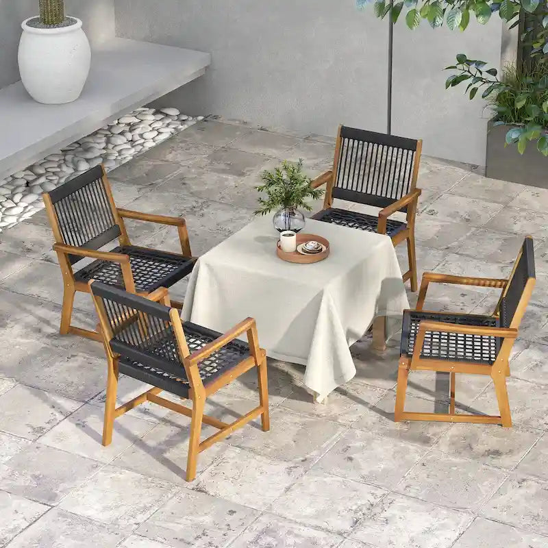 Chaises de salle à manger 4 pièces en bois d'acacia tressé en corde résistantes aux intempéries pour patio