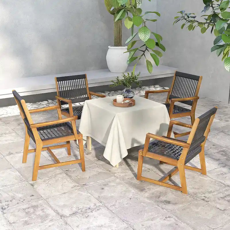 Chaises de salle à manger 4 pièces en bois d'acacia tressé en corde résistantes aux intempéries pour patio