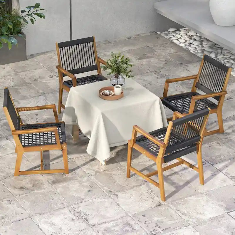 Chaises de salle à manger 4 pièces en bois d'acacia tressé en corde résistantes aux intempéries pour patio