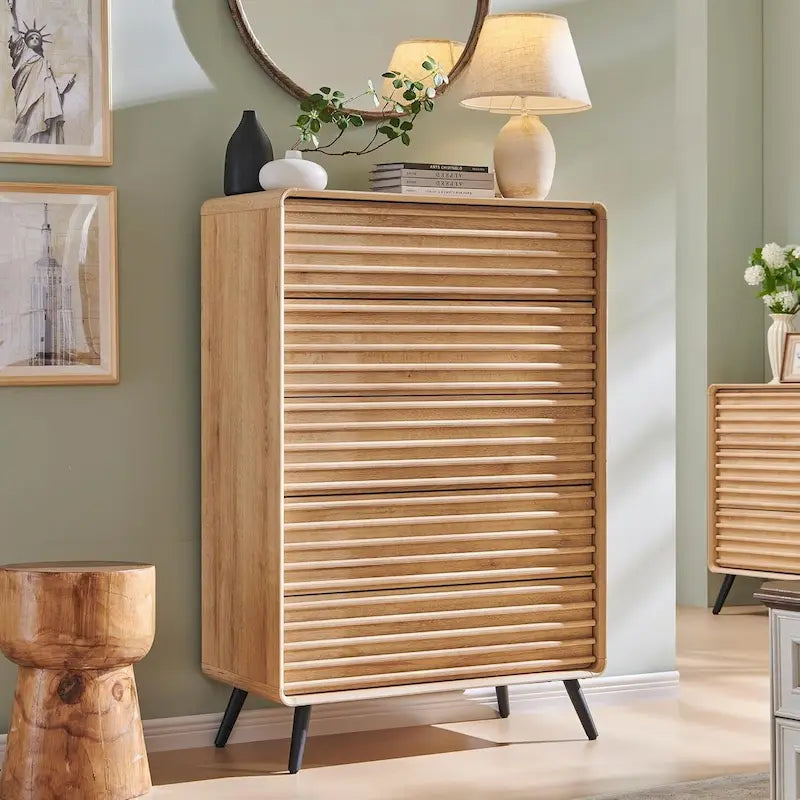 Mid Century Modern 5 Drawers Dresser, Wood Fluted Chest of Drawers