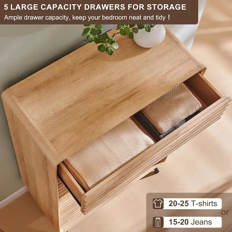 Commode 5 tiroirs Mid Century Modern, Bois cannelé
