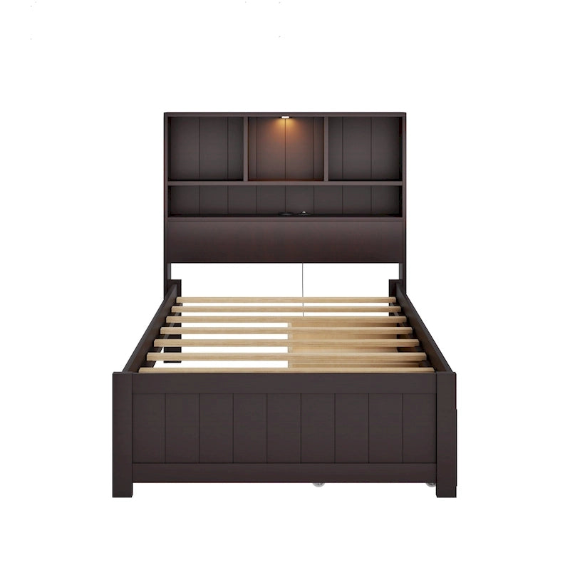 Lit plate-forme de rangement avec 2 tiroirs sous le lit, lit capitaine en bois avec tête de lit bibliothèque intégrée, lumière d'appoint et station de recharge
