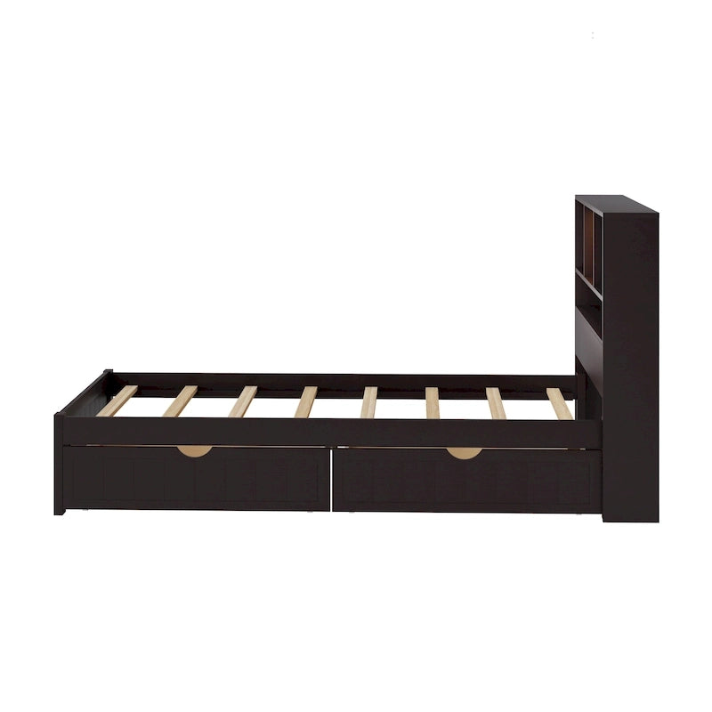 Lit plate-forme de rangement avec 2 tiroirs sous le lit, lit capitaine en bois avec tête de lit bibliothèque intégrée, lumière d'appoint et station de recharge