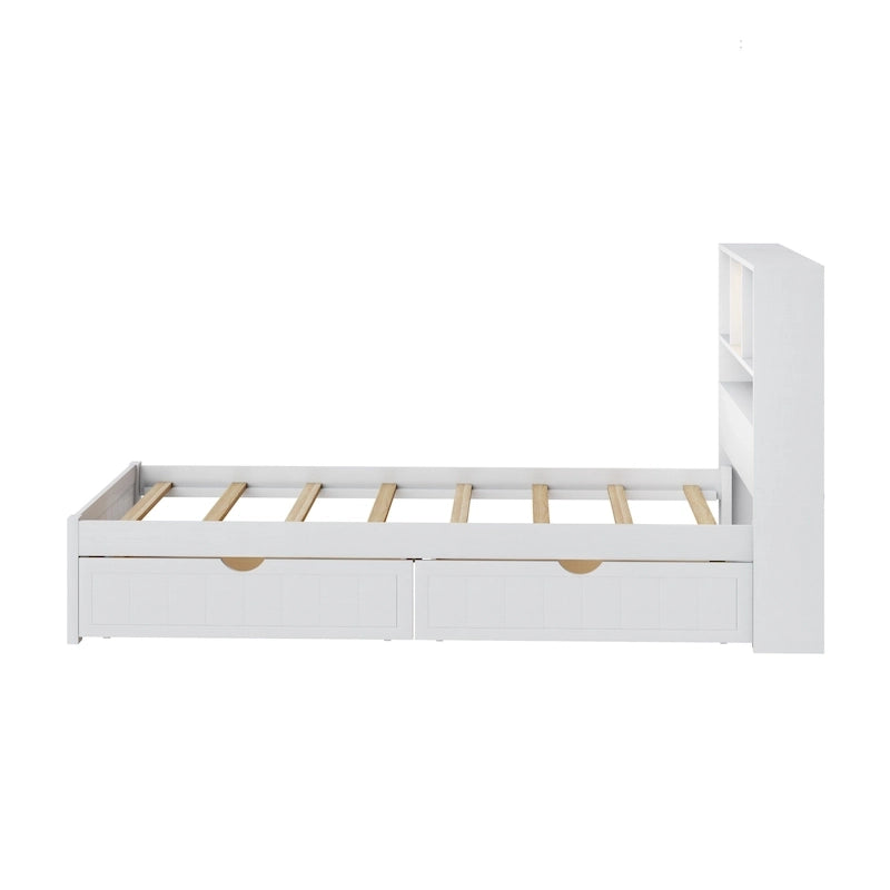 Lit plate-forme de rangement avec 2 tiroirs sous le lit, lit capitaine en bois avec tête de lit bibliothèque intégrée, lumière d'appoint et station de recharge