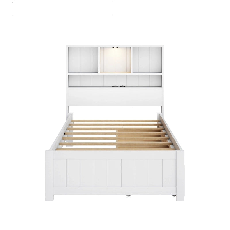 Lit plate-forme de rangement avec 2 tiroirs sous le lit, lit capitaine en bois avec tête de lit bibliothèque intégrée, lumière d'appoint et station de recharge