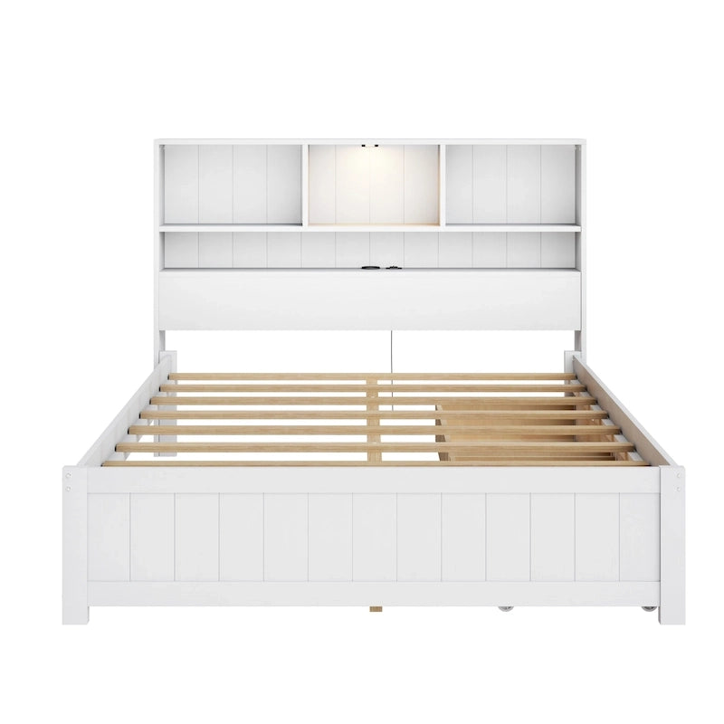 Lit plate-forme de rangement avec 2 tiroirs sous le lit, lit capitaine en bois avec tête de lit bibliothèque intégrée, lumière d'appoint et station de recharge