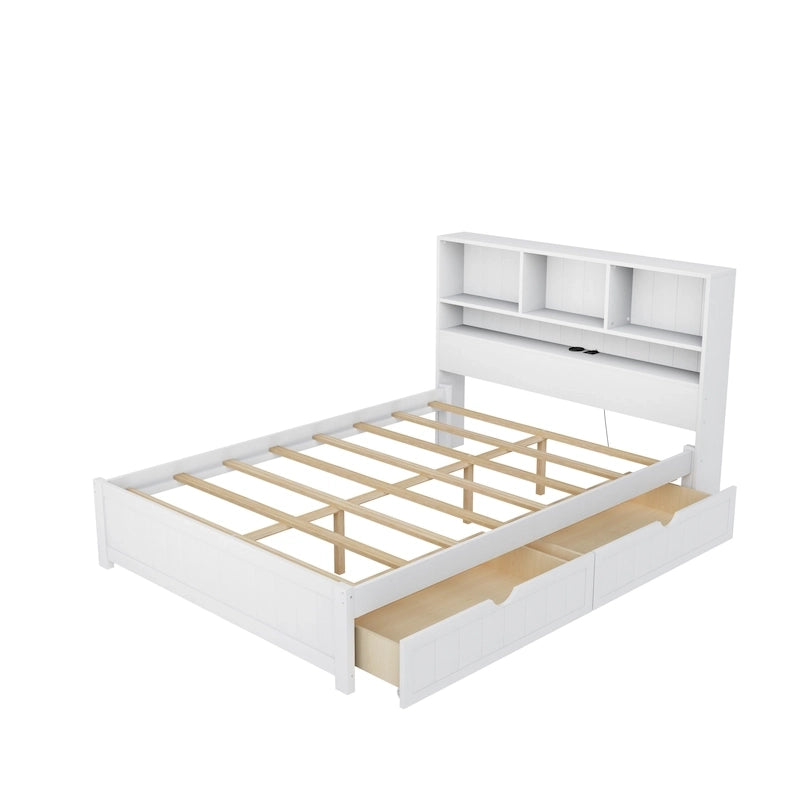 Lit plate-forme de rangement avec 2 tiroirs sous le lit, lit capitaine en bois avec tête de lit bibliothèque intégrée, lumière d'appoint et station de recharge