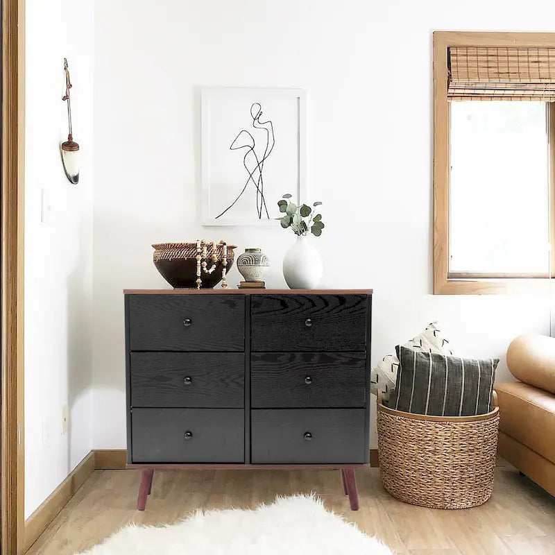 Commode d'appoint à 6 tiroirs en bois manufacturé noir avec des accents marron