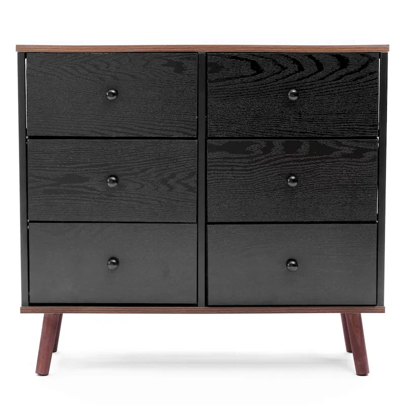 Commode d'appoint à 6 tiroirs en bois manufacturé noir avec des accents marron