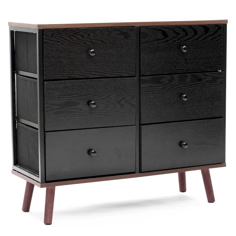 Commode d'appoint à 6 tiroirs en bois manufacturé noir avec des accents marron