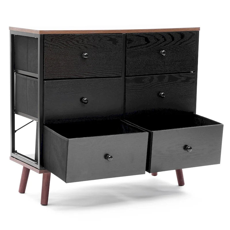Commode d'appoint à 6 tiroirs en bois manufacturé noir avec des accents marron