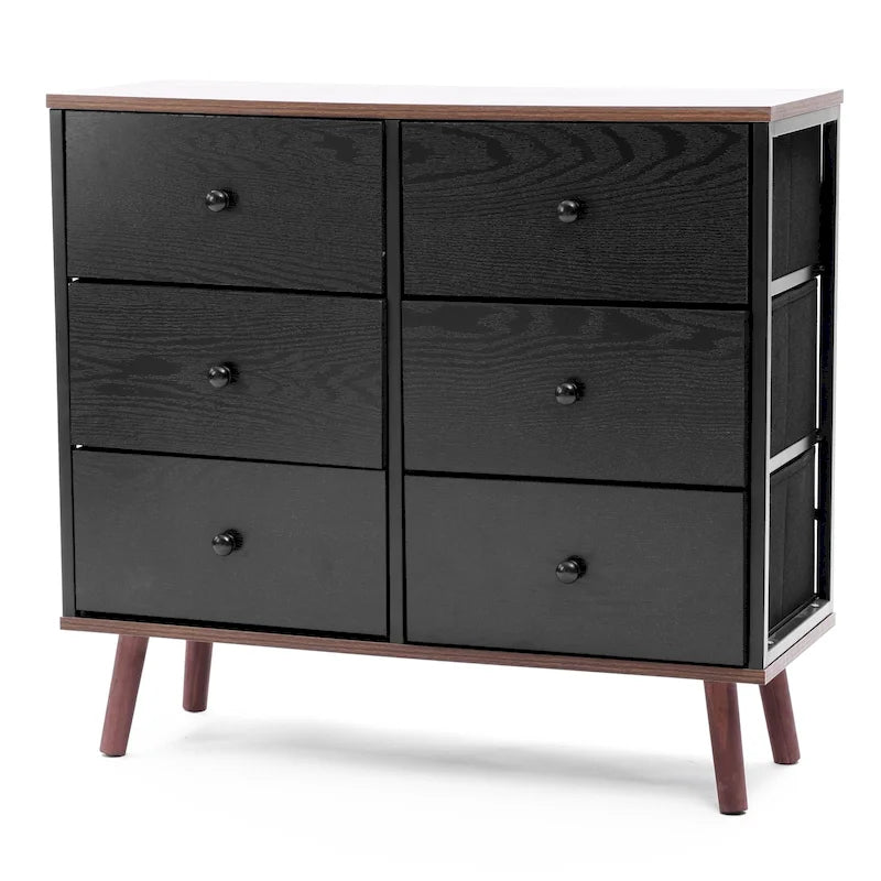 Commode d'appoint à 6 tiroirs en bois manufacturé noir avec des accents marron
