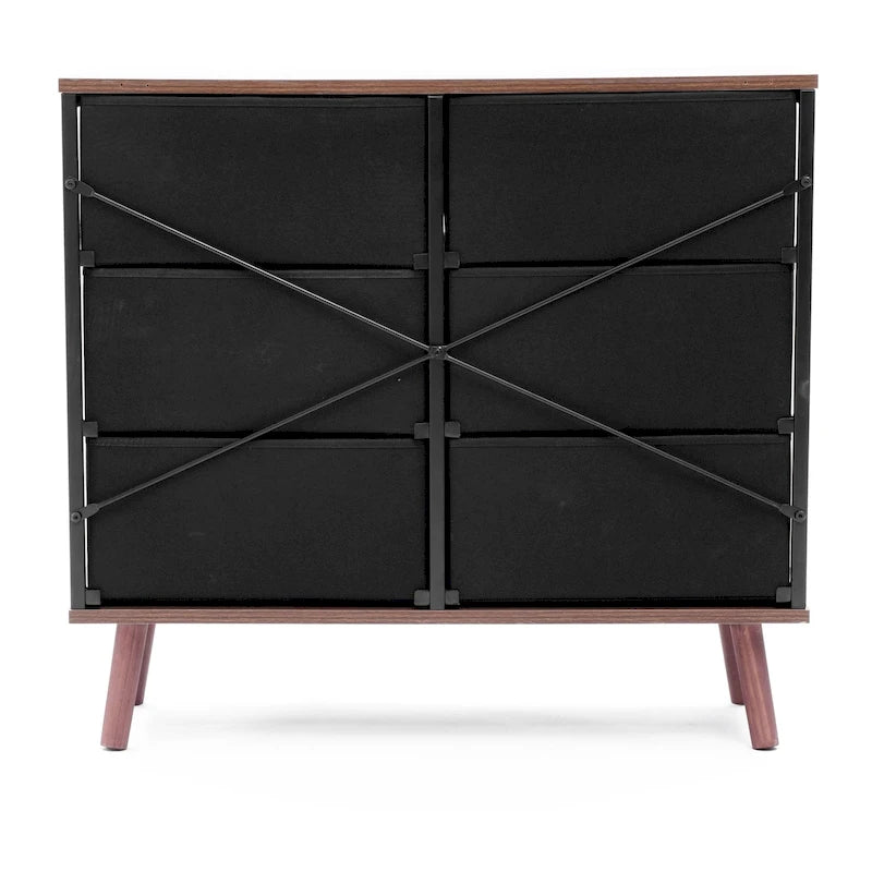 Commode d'appoint à 6 tiroirs en bois manufacturé noir avec des accents marron