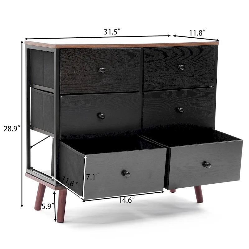 Commode d'appoint à 6 tiroirs en bois manufacturé noir avec des accents marron