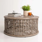 Grey Solid Wood Rattan Round Coffee Table by 