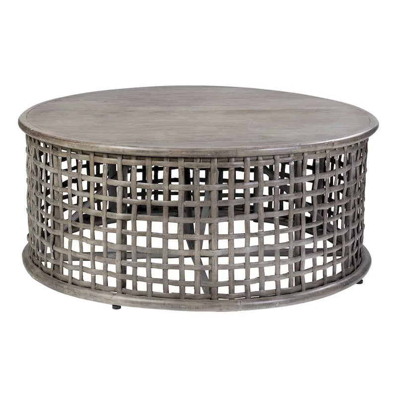 Table basse ronde en rotin et bois massif gris par