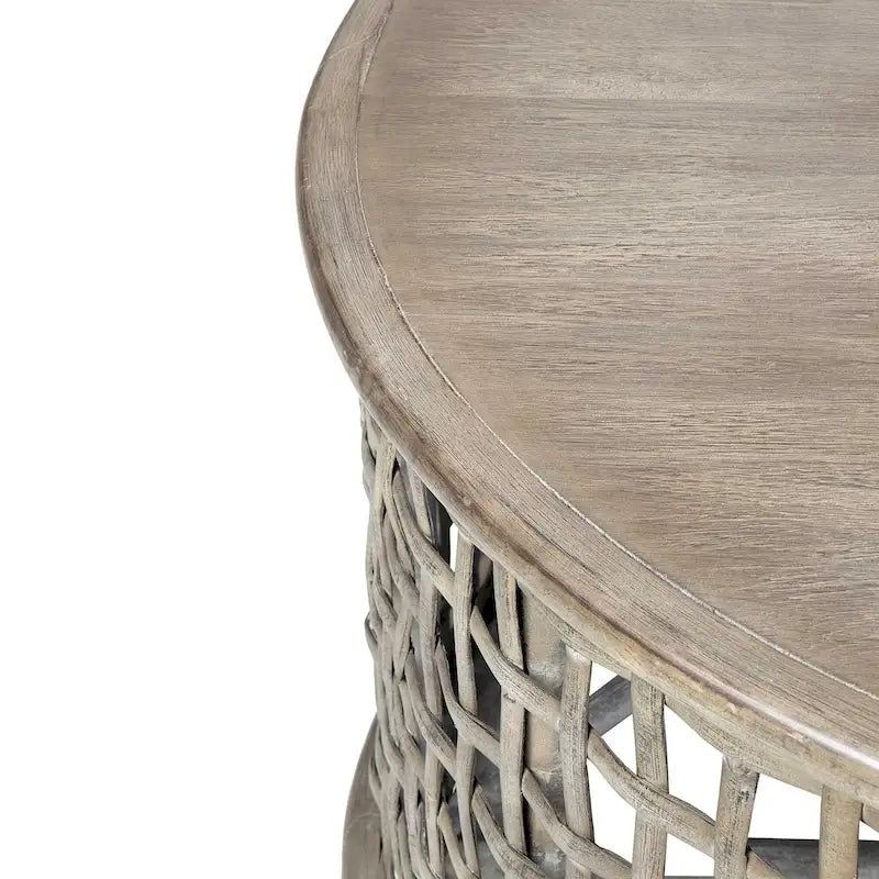 Table basse ronde en rotin et bois massif gris par