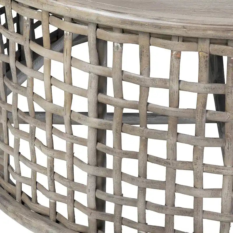 Table basse ronde en rotin et bois massif gris par