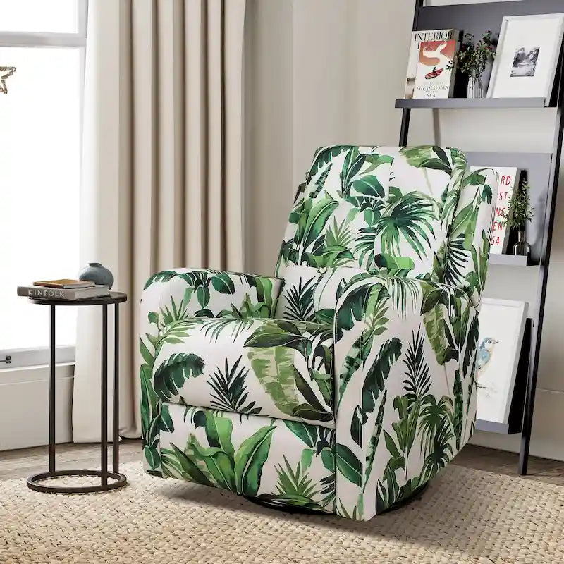Fauteuil inclinable pivotant contemporain manuel à motif floral et dossier capitonné