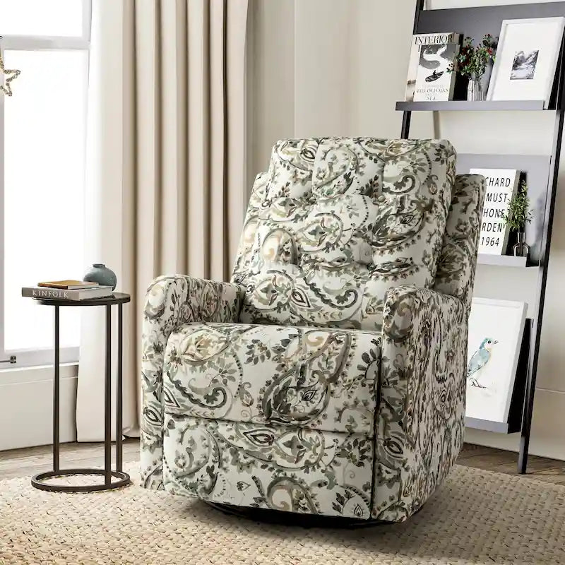Fauteuil inclinable pivotant contemporain manuel à motif floral et dossier capitonné