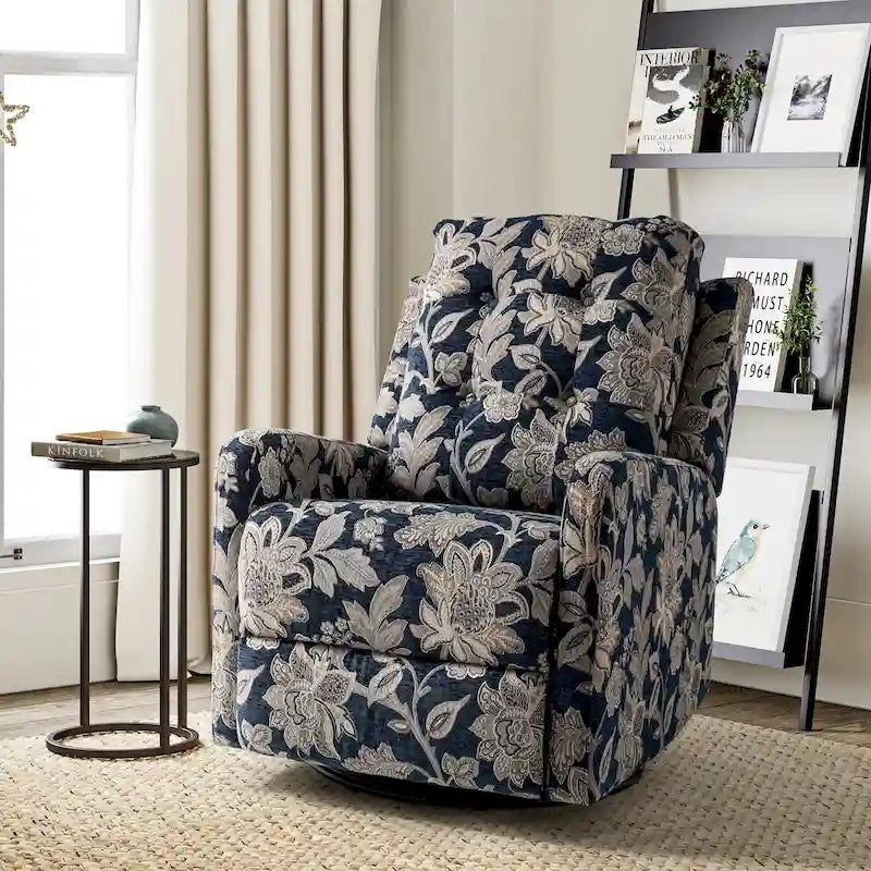 Fauteuil inclinable pivotant contemporain manuel à motif floral et dossier capitonné