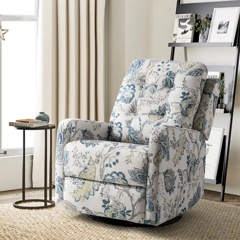 Fauteuil inclinable pivotant contemporain manuel à motif floral et dossier capitonné