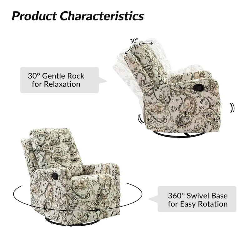 Fauteuil inclinable pivotant contemporain manuel à motif floral et dossier capitonné