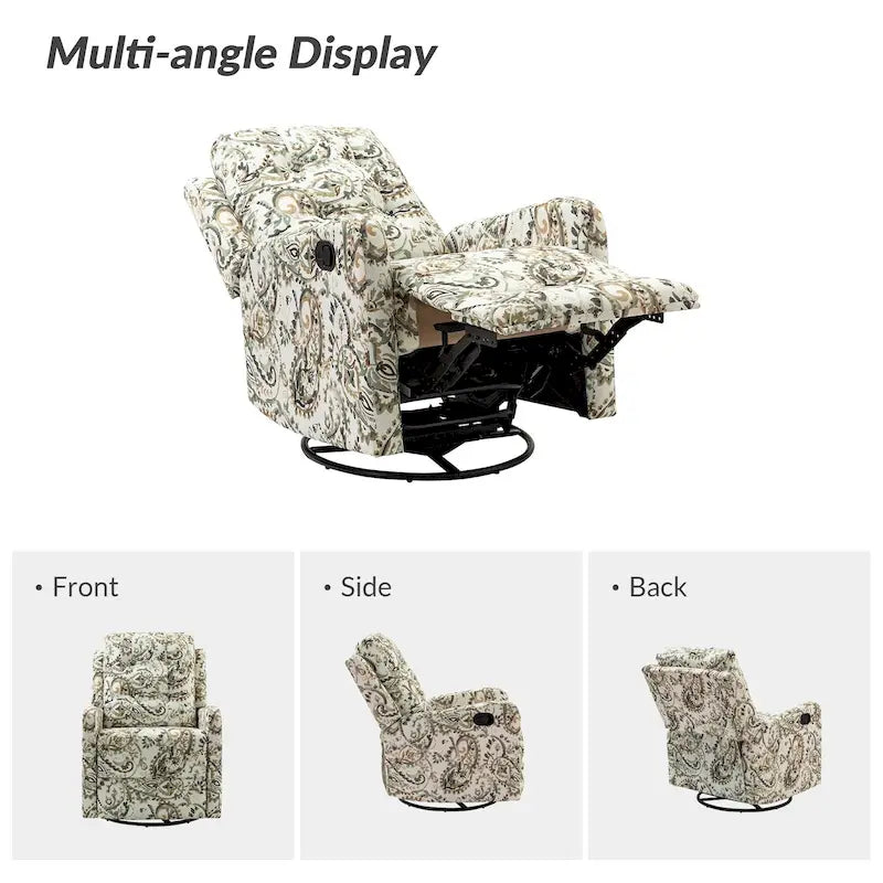 Fauteuil inclinable pivotant contemporain manuel à motif floral et dossier capitonné