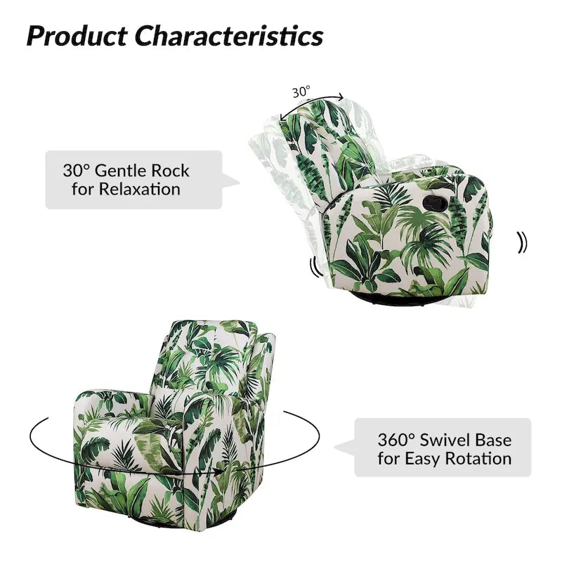 Fauteuil inclinable pivotant contemporain manuel à motif floral et dossier capitonné