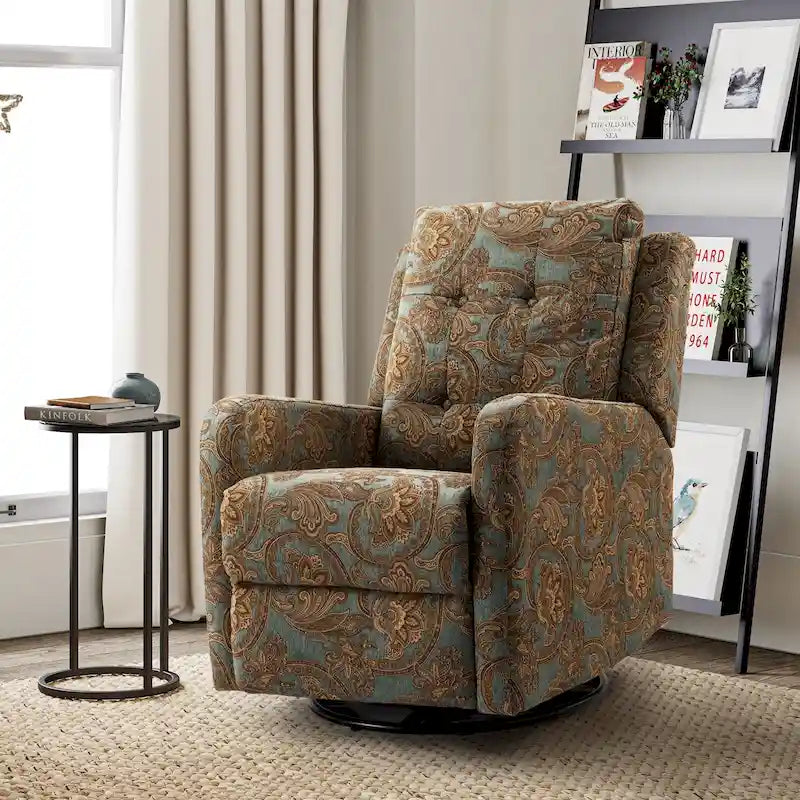 Fauteuil inclinable pivotant contemporain manuel à motif floral et dossier capitonné