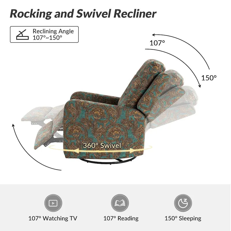 Fauteuil inclinable pivotant contemporain manuel à motif floral et dossier capitonné