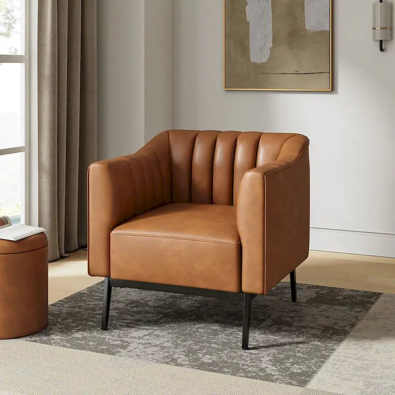 Alfons Industrial Leather Chair with Channel Tufting and Metal Leg by 
