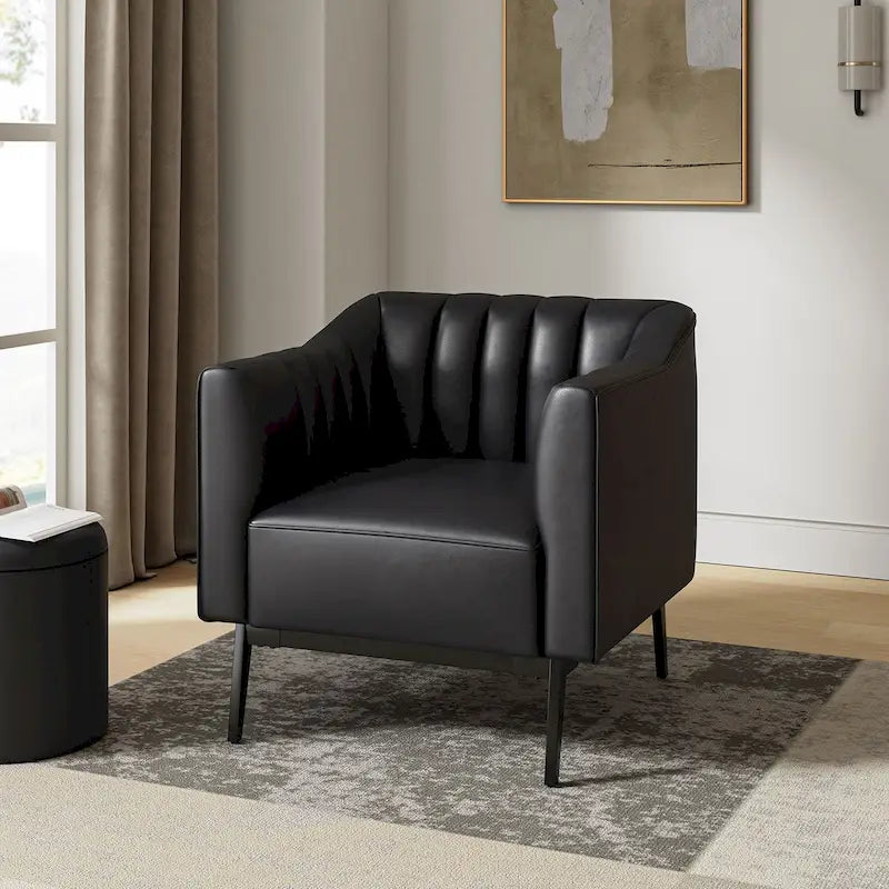 Chaise industrielle en cuir avec capitonnage en canal et pieds en métal