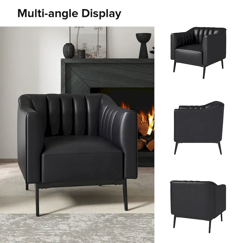 Chaise industrielle en cuir avec capitonnage en canal et pieds en métal