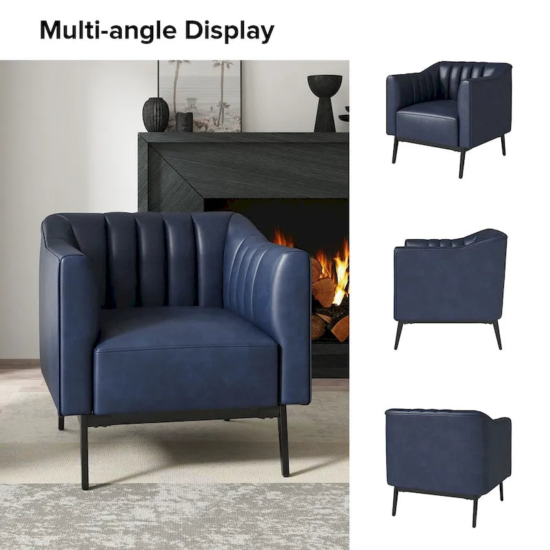 Chaise industrielle en cuir avec capitonnage en canal et pieds en métal