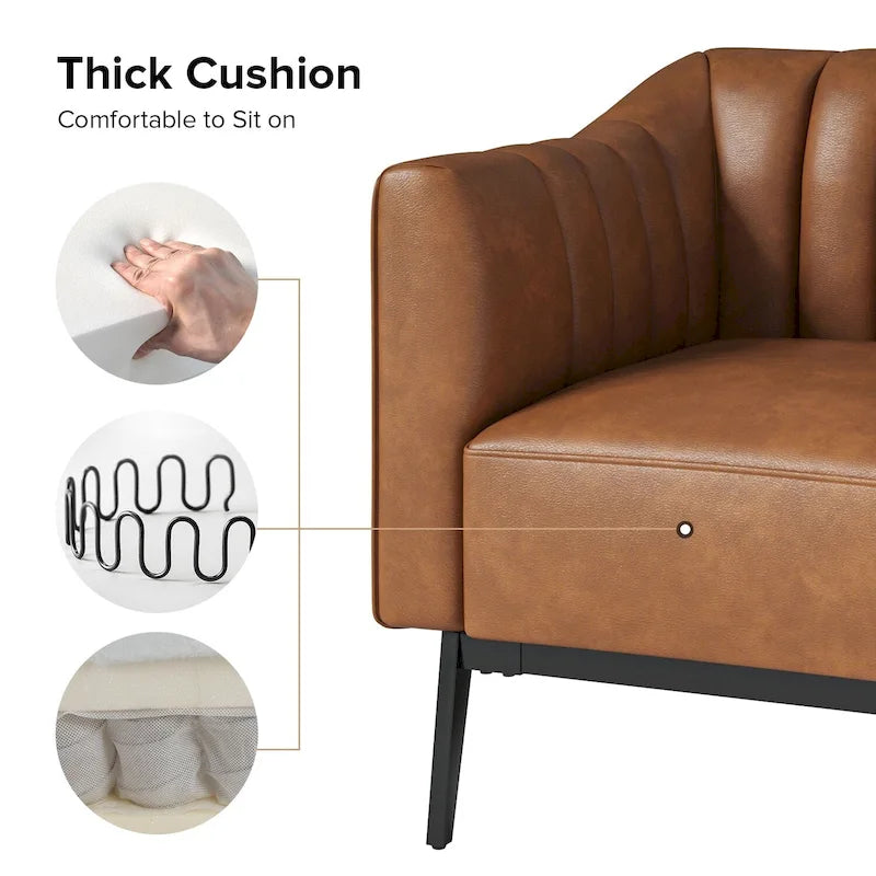 Chaise industrielle en cuir avec capitonnage en canal et pieds en métal