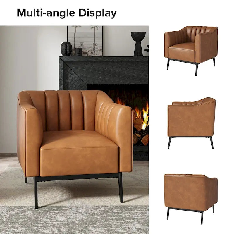 Chaise industrielle en cuir avec capitonnage en canal et pieds en métal