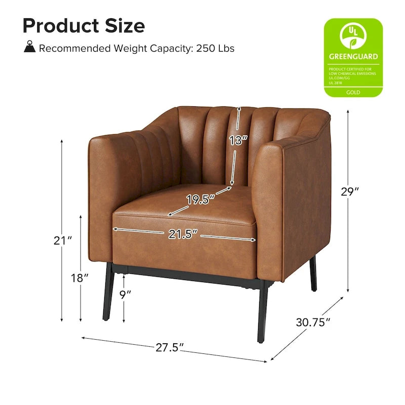 Chaise industrielle en cuir avec capitonnage en canal et pieds en métal