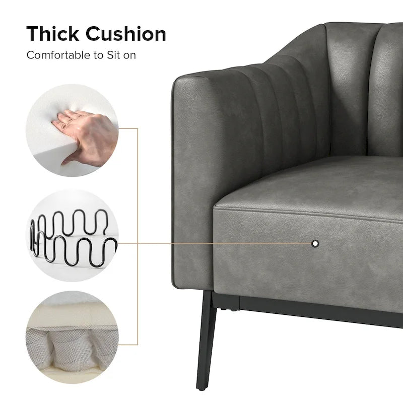 Chaise industrielle en cuir avec capitonnage en canal et pieds en métal