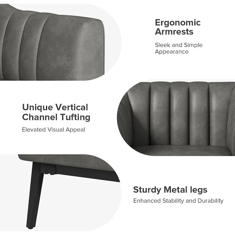 Chaise industrielle en cuir avec capitonnage en canal et pieds en métal