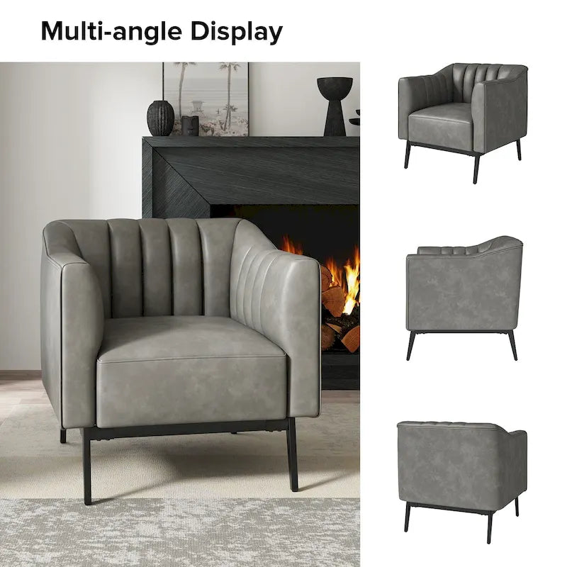 Chaise industrielle en cuir avec capitonnage en canal et pieds en métal