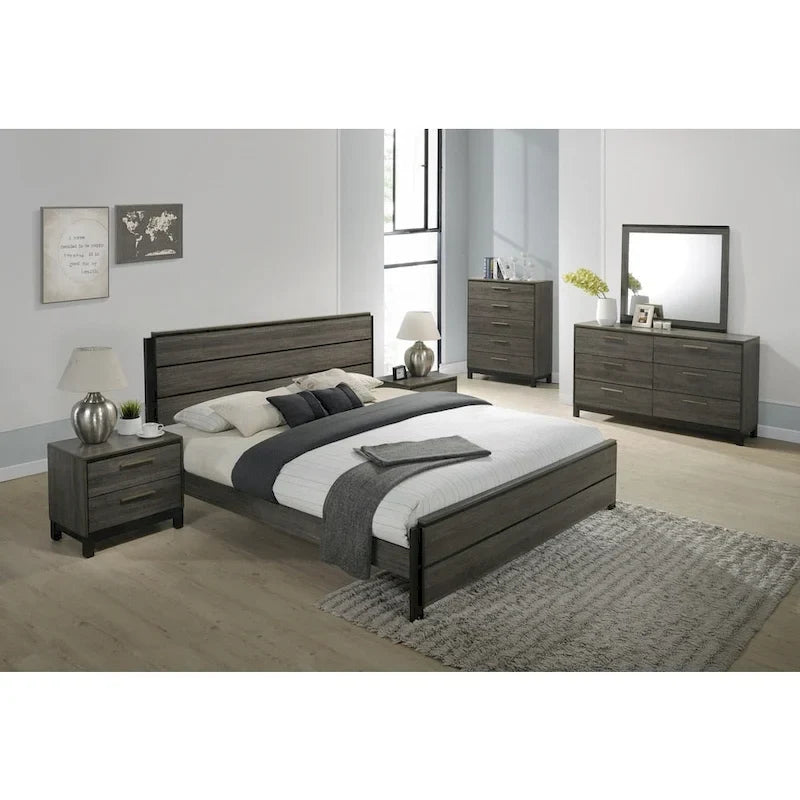 Chambre à coucher 6 pièces complète King en bois gris antique