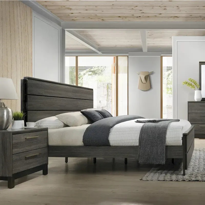 Chambre à coucher 6 pièces complète King en bois gris antique