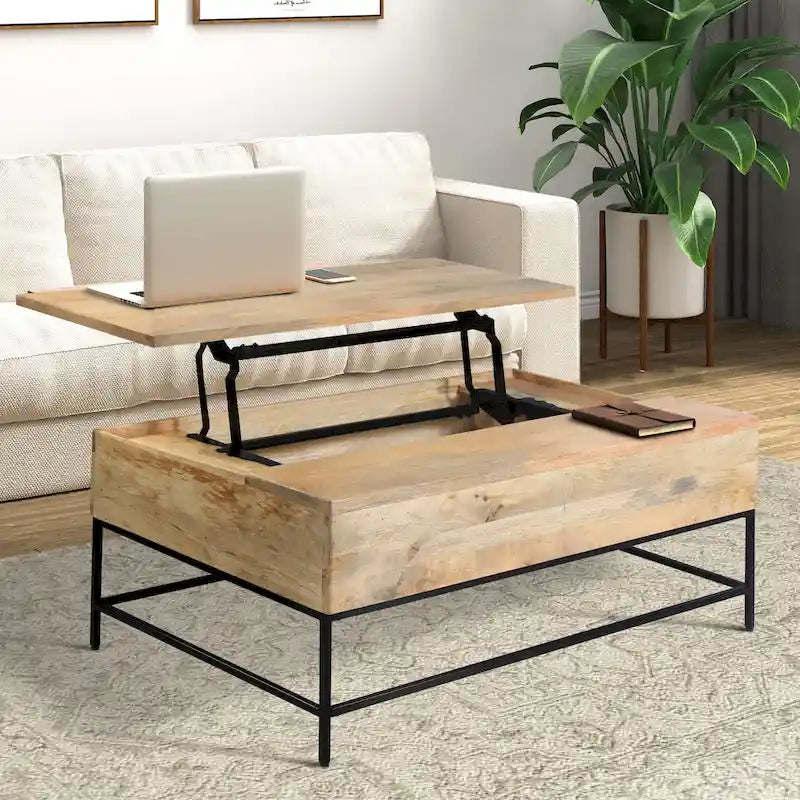 Table basse rectangulaire relevable en manguier de 45 pouces - Bois et métal, brun naturel et noir