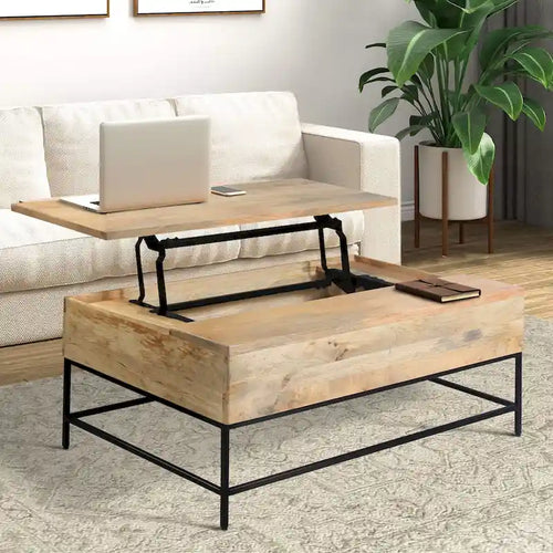 Table basse rectangulaire relevable en manguier de 45 pouces - Bois et métal, brun naturel et noir