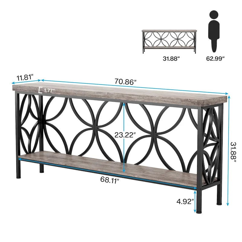 Table de canapé longue de 70,9 pouces, console industrielle - 70,9 L 11,8 P 31,9 H