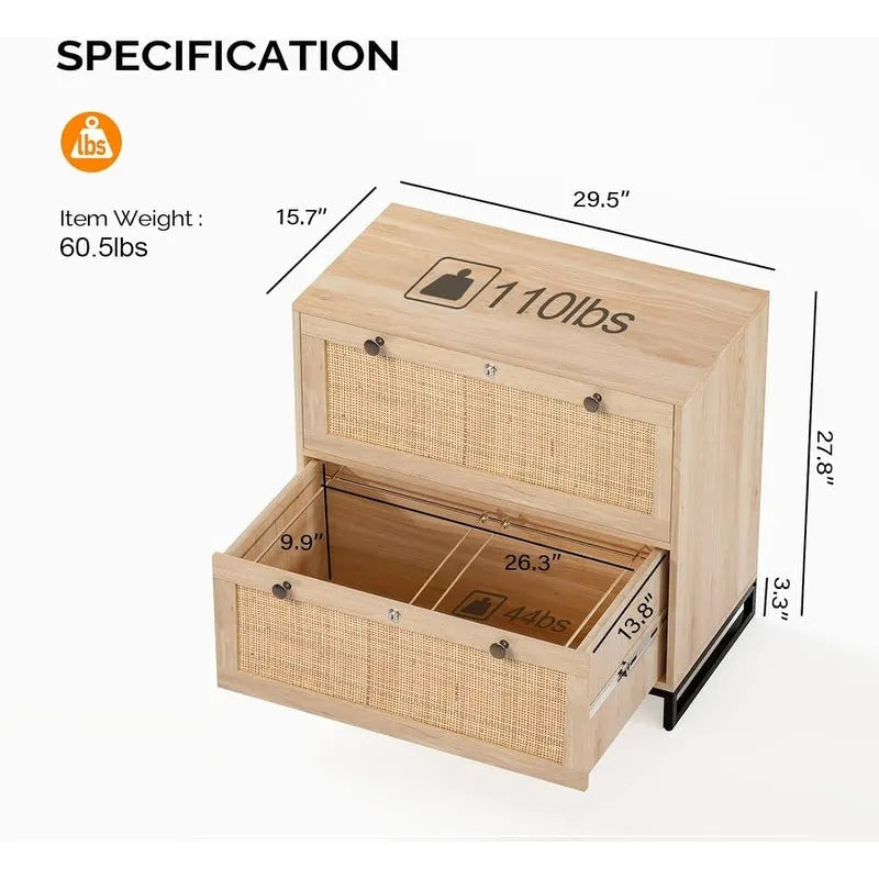 Meuble de classement latéral en bois et rotin à 2 tiroirs avec serrure pour bureau à domicile