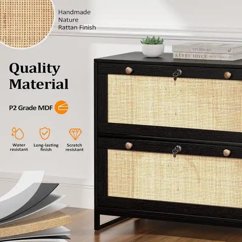 Meuble de classement latéral en bois et rotin à 2 tiroirs avec serrure pour bureau à domicile